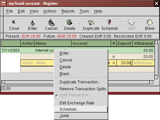 Step two creating scheduled transaction from the ledger