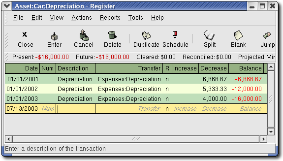 Asset Depreciation Register Window