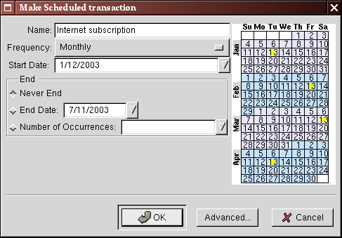 Filling in data to a scheduled transaction